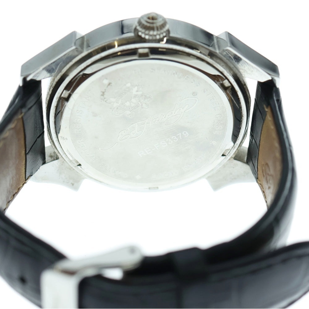 Ed Hardy(エドハーディー) スカルデザイン ロゴ刻印 クロコ型押しレザー ベルト クォーツウォッチ 腕時計 ブラック/シルバー