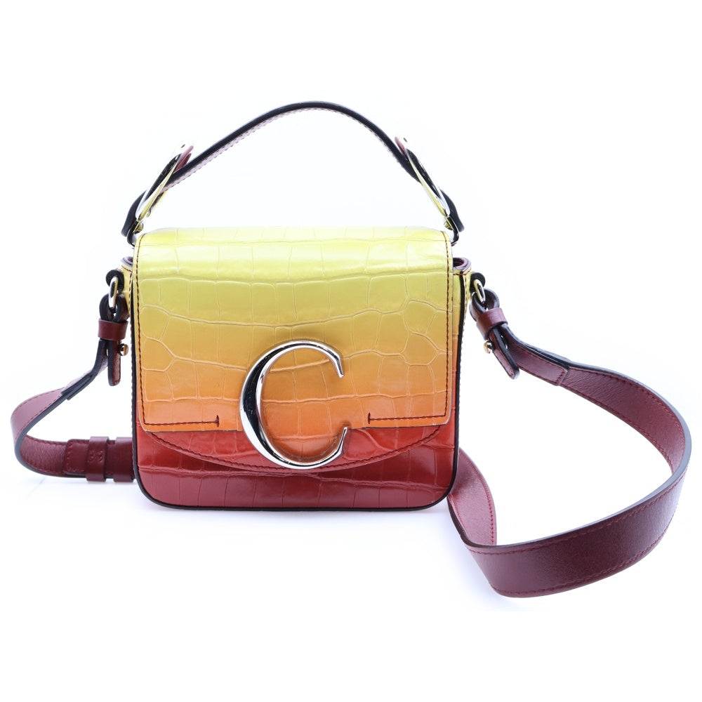 Chloe(クロエ) クロエC 型押しクロコ 2WAYショルダーバッグ ミニバッグ ハンドバッグ オレンジ×イエロー グラデーション レザー シルバー金具