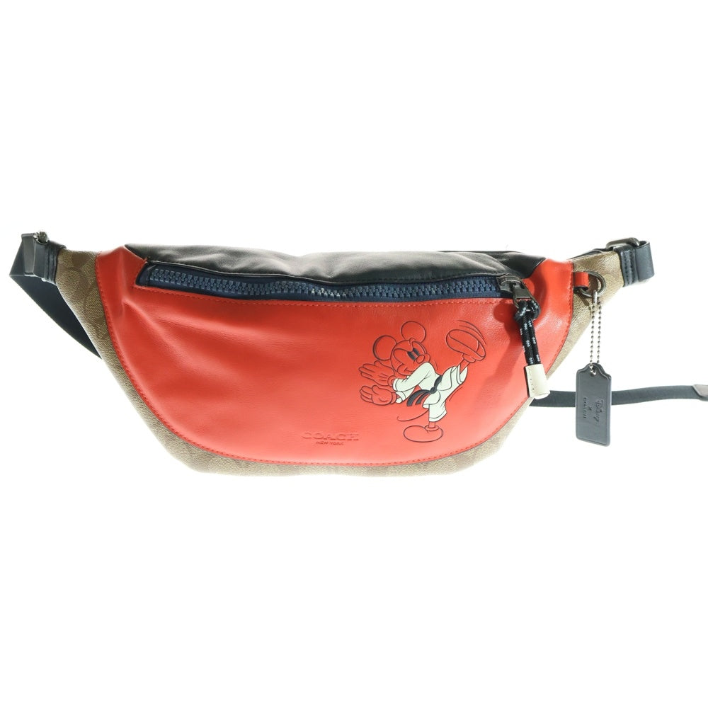 COACH(コーチ) ×Disney ディズニー ミッキーマウス シグネチャー PVC レザー ショルダー ボディバッグ ウエストポーチ ベージュ/レッド 3328