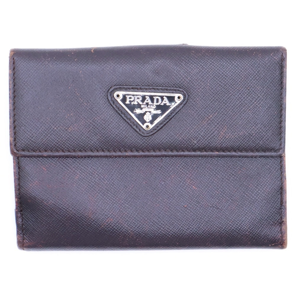 PRADA(プラダ) トライアングルロゴプレート サフィアーノレザー コンパクトウォレット 二つ折り財布 シルバー金具 ブラウン