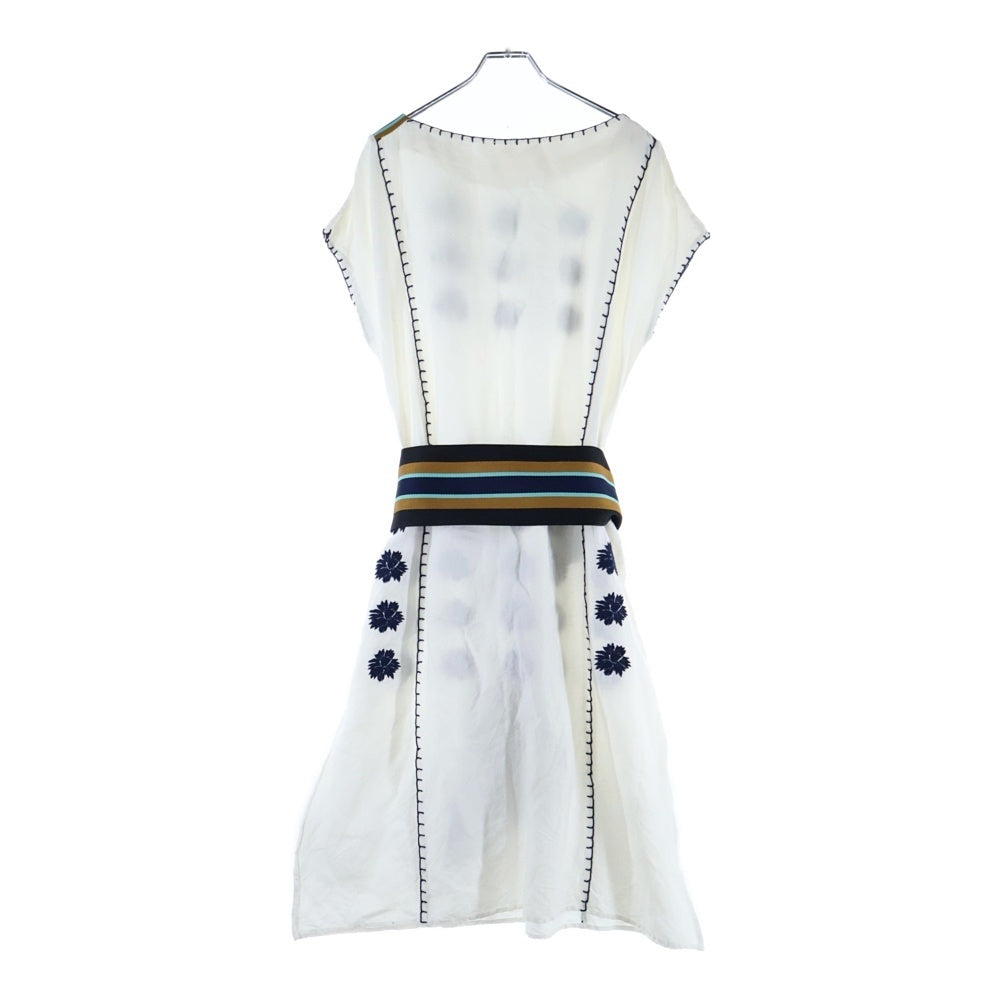 TORY BURCH(トリー バーチ) ベルト付 フラワー刺繍リネンノースリーブワンピース ホワイト レディース