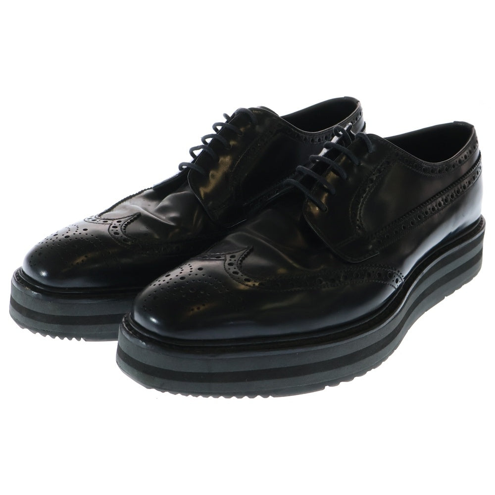 PRADA(プラダ) メダリオン ウィングチップ レザー レースアップ 厚底 ローカット ドレス ビジネスシューズ ブラック 2EG015