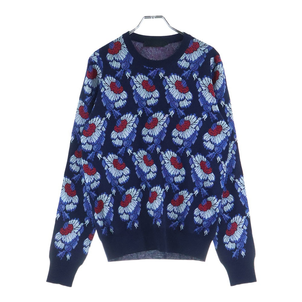 Alexander McQueen(アレキサンダーマックイーン) フラワー ジャガード総柄 クルーネック ウール混 レーヨン ロングスリーブ 長袖 ニット セーター ネイビー 398111