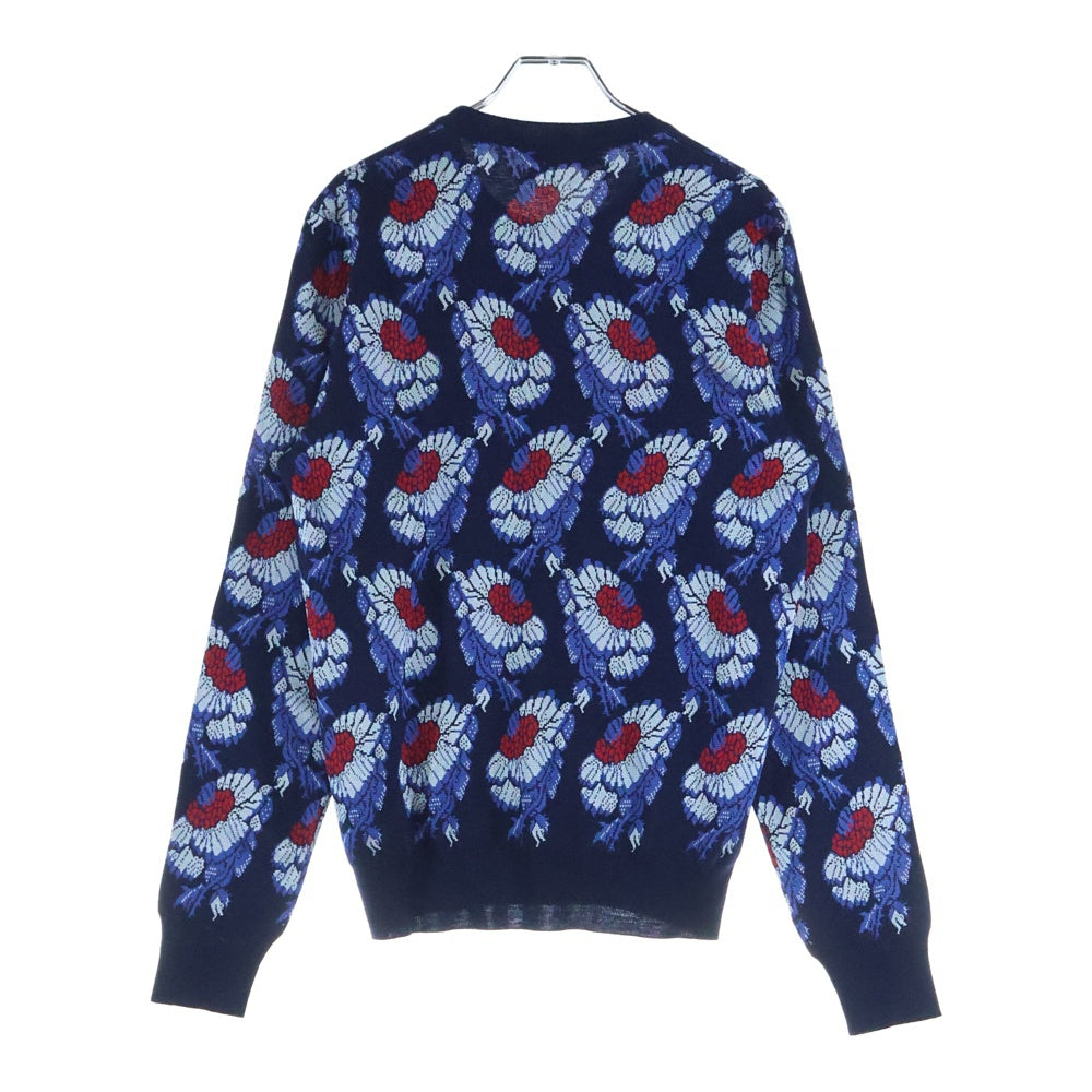 Alexander McQueen(アレキサンダーマックイーン) フラワー ジャガード総柄 クルーネック ウール混 レーヨン ロングスリーブ 長袖 ニット セーター ネイビー 398111