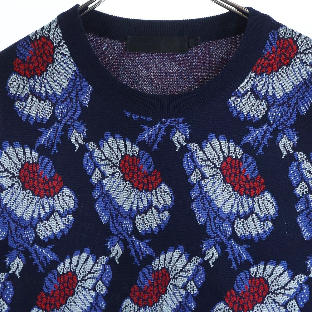 Alexander McQueen(アレキサンダーマックイーン) フラワー ジャガード総柄 クルーネック ウール混 レーヨン ロングスリーブ 長袖 ニット セーター ネイビー 398111
