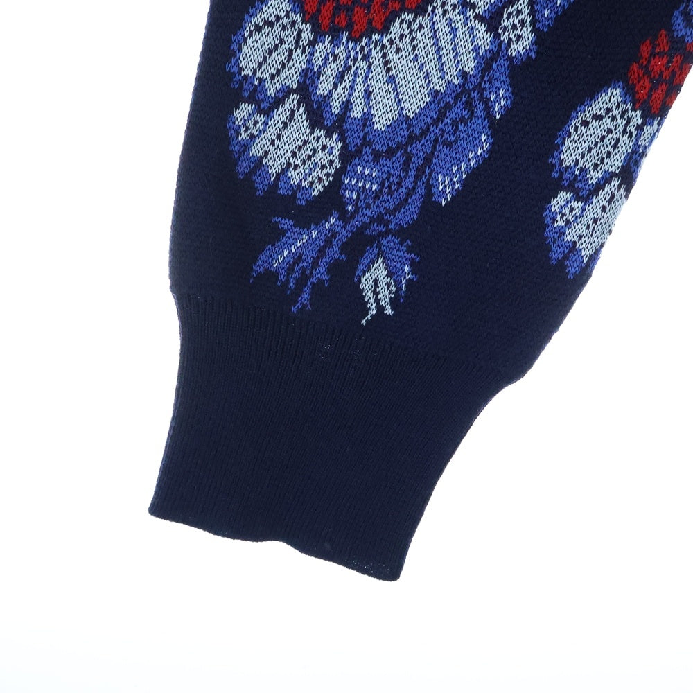 Alexander McQueen(アレキサンダーマックイーン) フラワー ジャガード総柄 クルーネック ウール混 レーヨン ロングスリーブ 長袖 ニット セーター ネイビー 398111