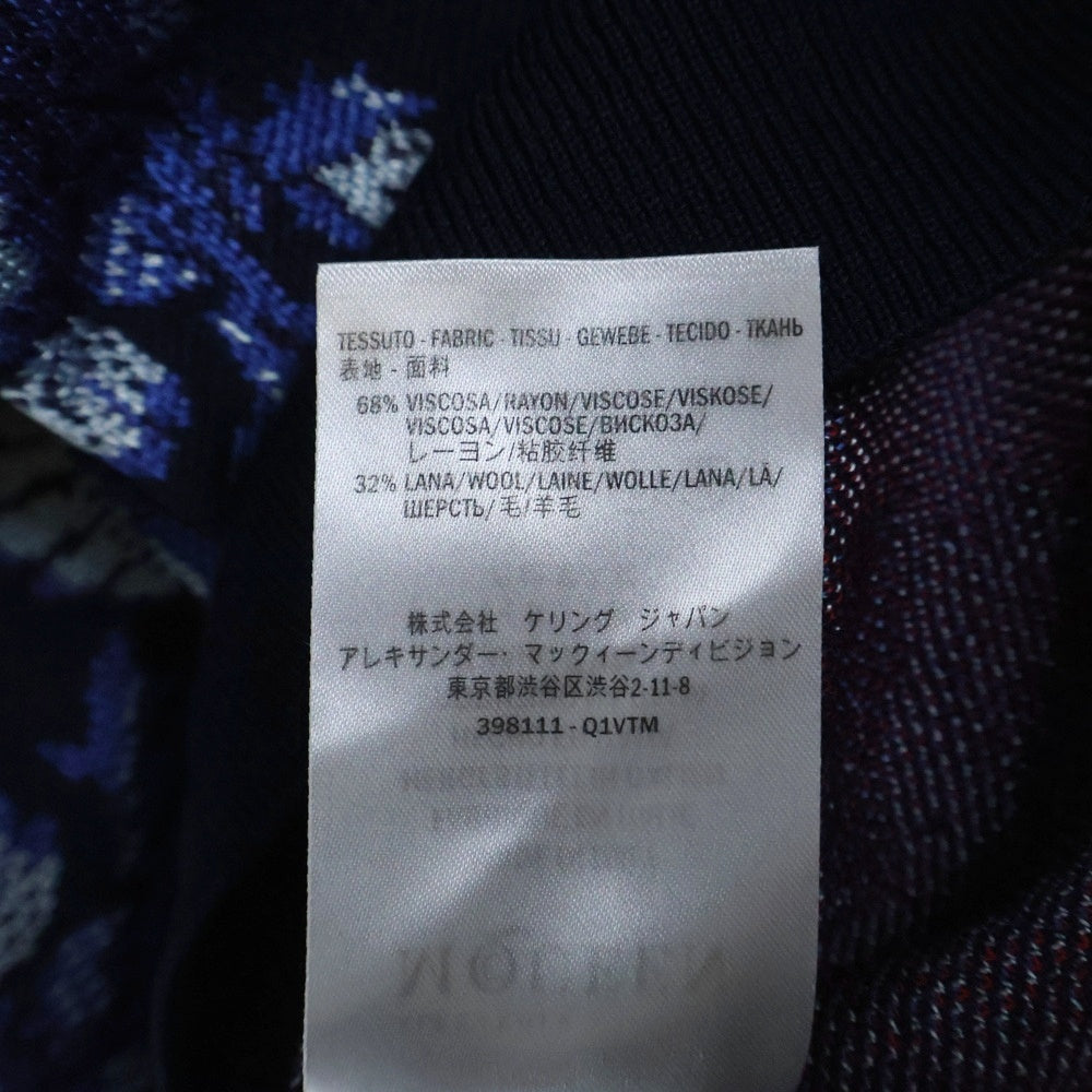 Alexander McQueen(アレキサンダーマックイーン) フラワー ジャガード総柄 クルーネック ウール混 レーヨン ロングスリーブ 長袖 ニット セーター ネイビー 398111