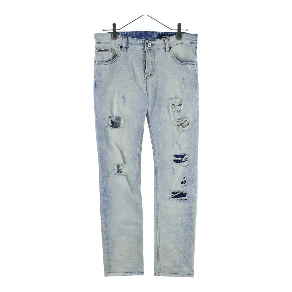 JUST cavalli(ジャストカヴァリ) レザーパッチ付ダメージ加工スキニーデニムパンツ ライトブルー