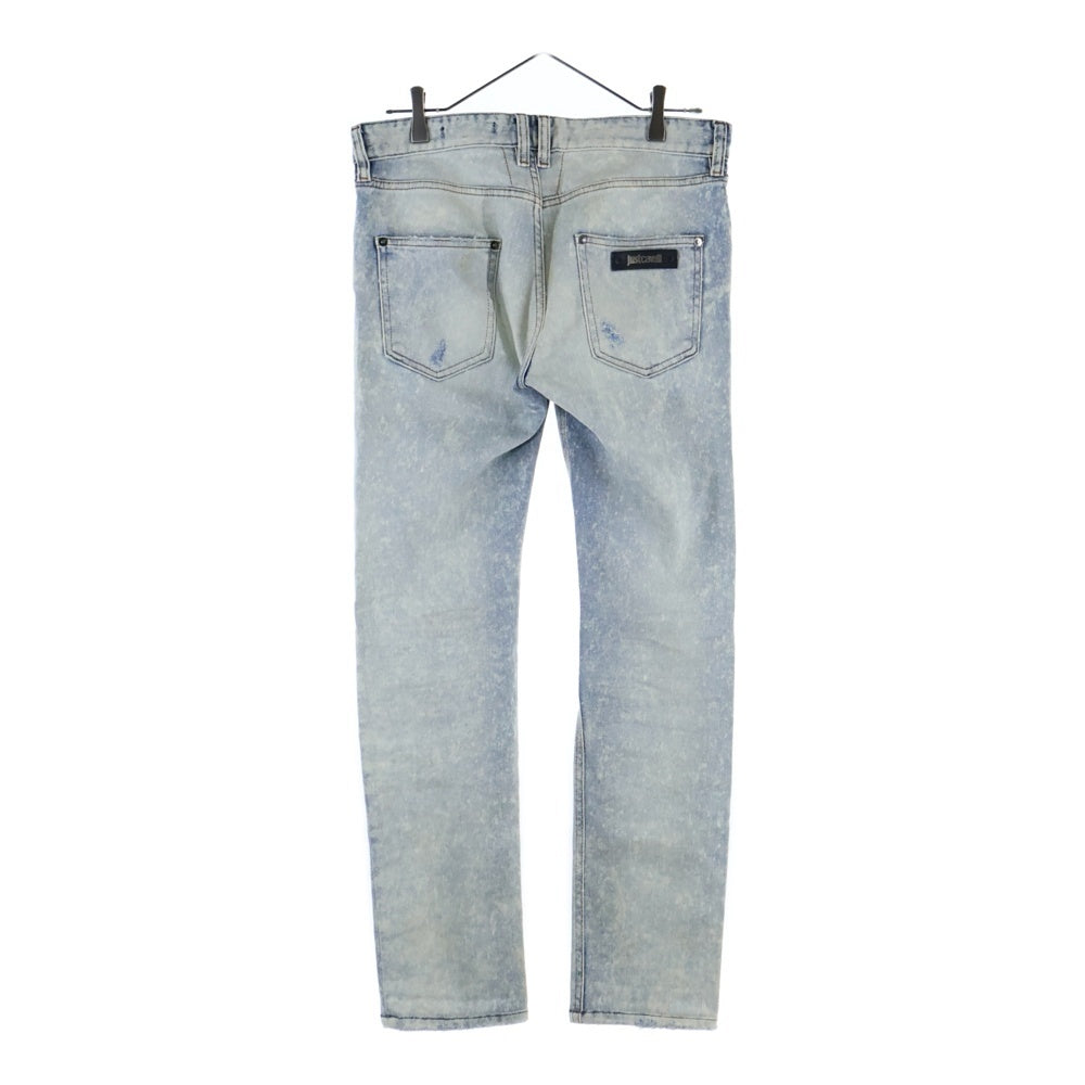 JUST cavalli(ジャストカヴァリ) レザーパッチ付ダメージ加工スキニーデニムパンツ ライトブルー