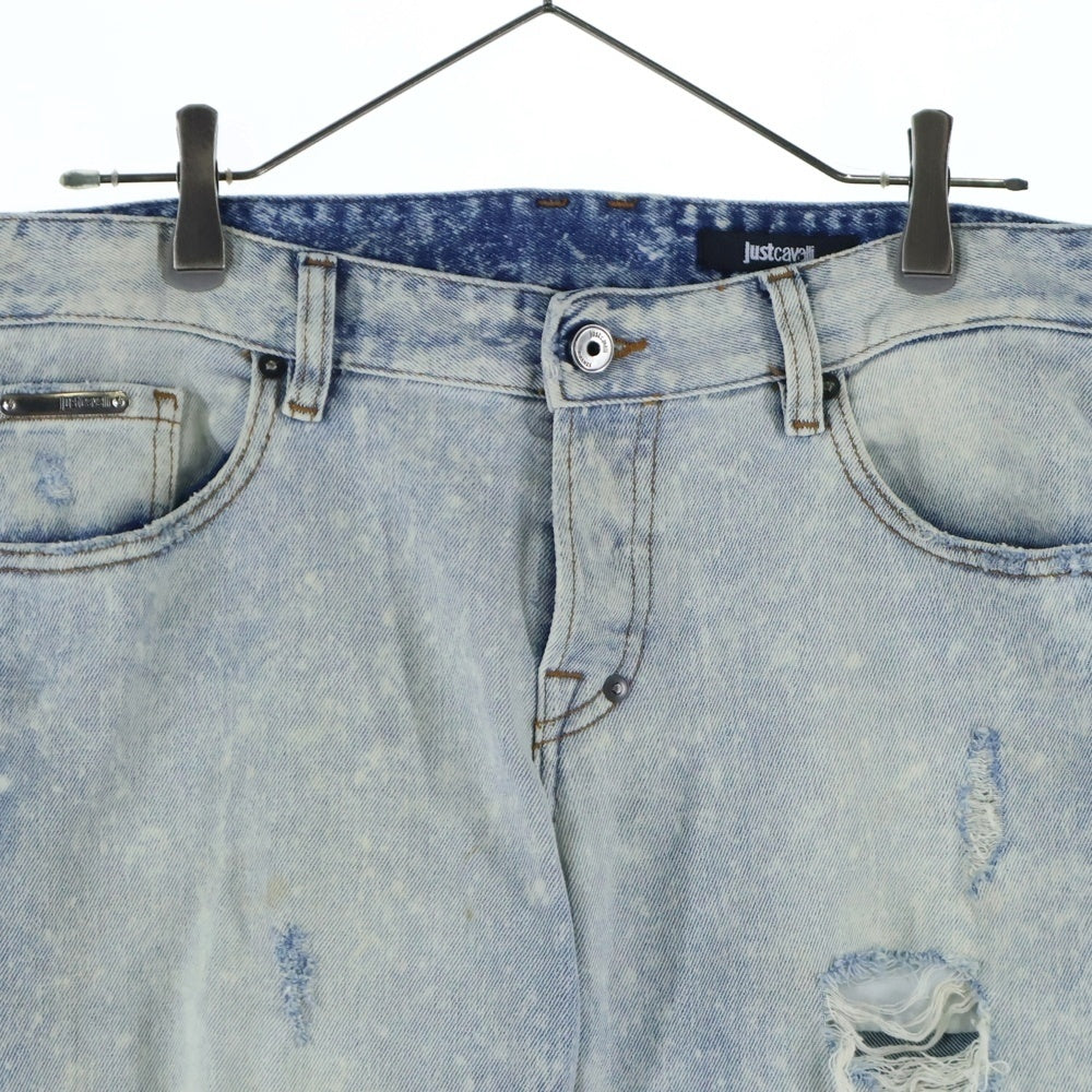 JUST cavalli(ジャストカヴァリ) レザーパッチ付ダメージ加工スキニーデニムパンツ ライトブルー