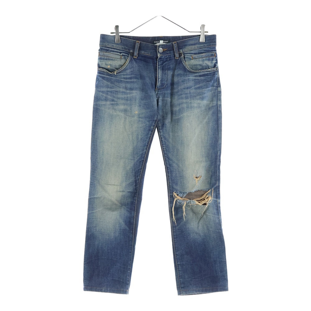 DOLCE & GABBANA(ドルチェアンドガッバーナ) ダメージ加工 レザープレートパッチ付デニムパンツ ブルー