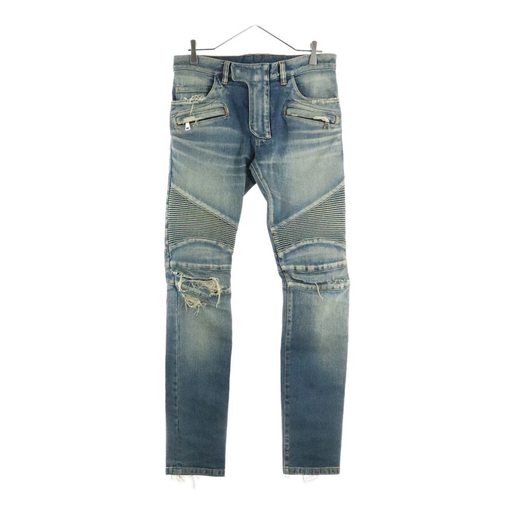 BALMAIN(バルマン) ダメージ ウォッシュ加工 蛇腹 バイカー スリム テーパードデニムパンツ ジーンズ インディゴ POHT551C710V
