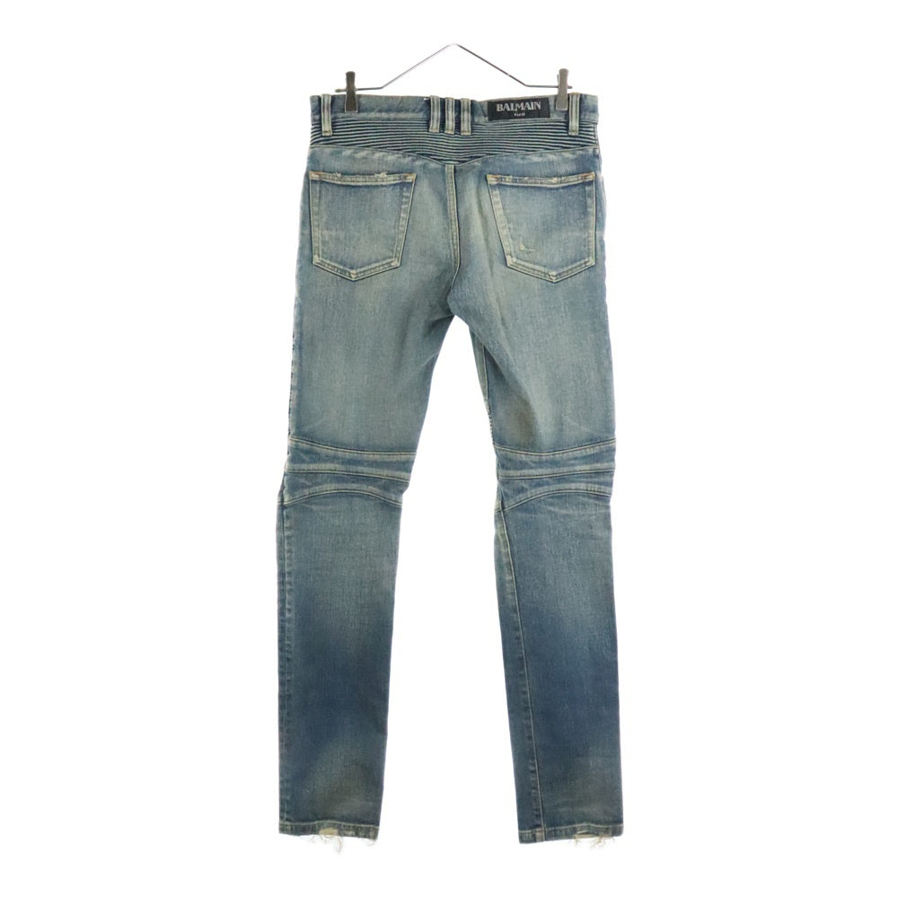 BALMAIN(バルマン) ダメージ ウォッシュ加工 蛇腹 バイカー スリム テーパードデニムパンツ ジーンズ インディゴ POHT551C710V