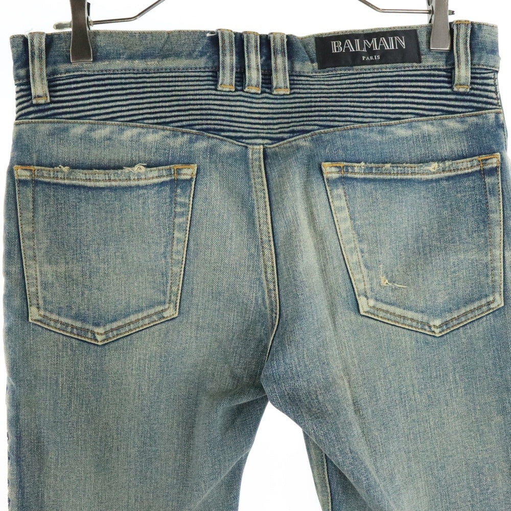BALMAIN(バルマン) ダメージ ウォッシュ加工 蛇腹 バイカー スリム テーパードデニムパンツ ジーンズ インディゴ POHT551C710V