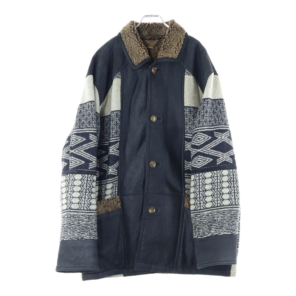 PAOLO GUCCI(パオロ グッチ) ノルディック柄 切り替え スウェードレザー ボア ロングジャケット コート ブラック/グレー