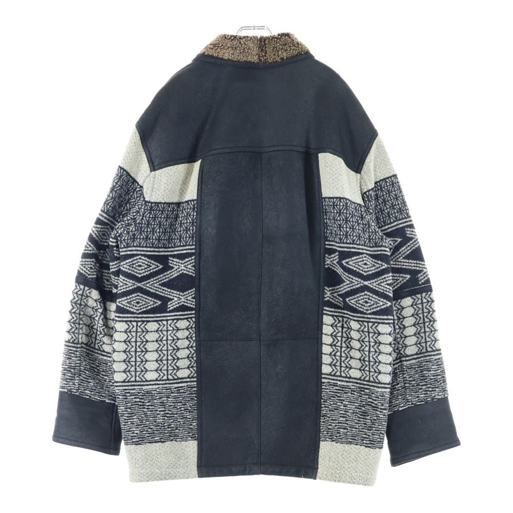 PAOLO GUCCI(パオロ グッチ) ノルディック柄 切り替え スウェードレザー ボア ロングジャケット コート ブラック/グレー