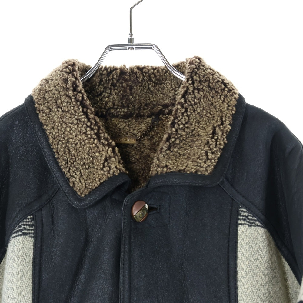 PAOLO GUCCI(パオロ グッチ) ノルディック柄 切り替え スウェードレザー ボア ロングジャケット コート ブラック/グレー