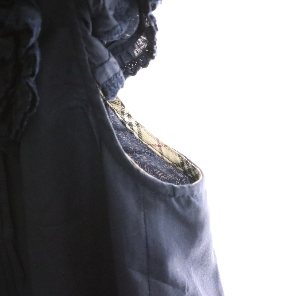 BURBERRY BLUE LABEL(バーバリーブルーレーベル) ロゴ刺繍 バーバリーチェック フリンジ付スタンドカラーノースリーブワンピース ネイビー レディース