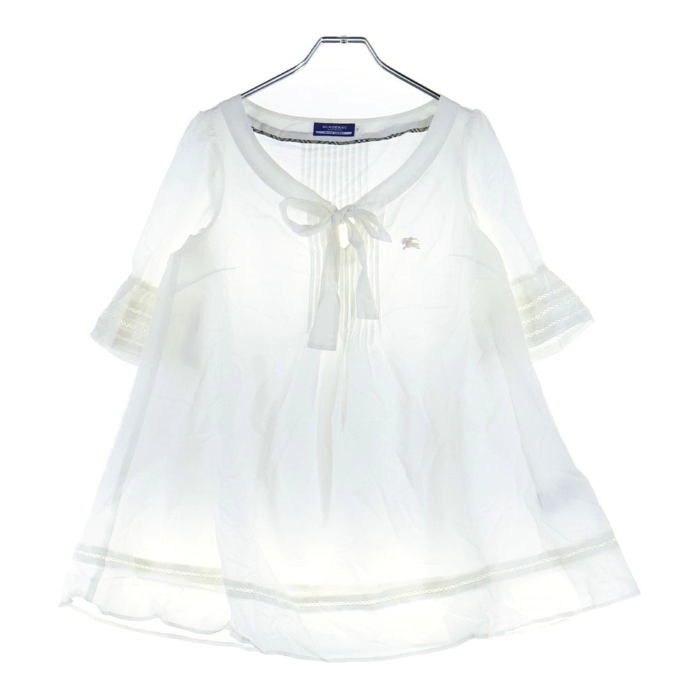 BURBERRY BLUE LABEL(バーバリーブルーレーベル) ロゴ刺繍 バーバリーチェック タック入リボンブラウス シャツ ホワイト レディース