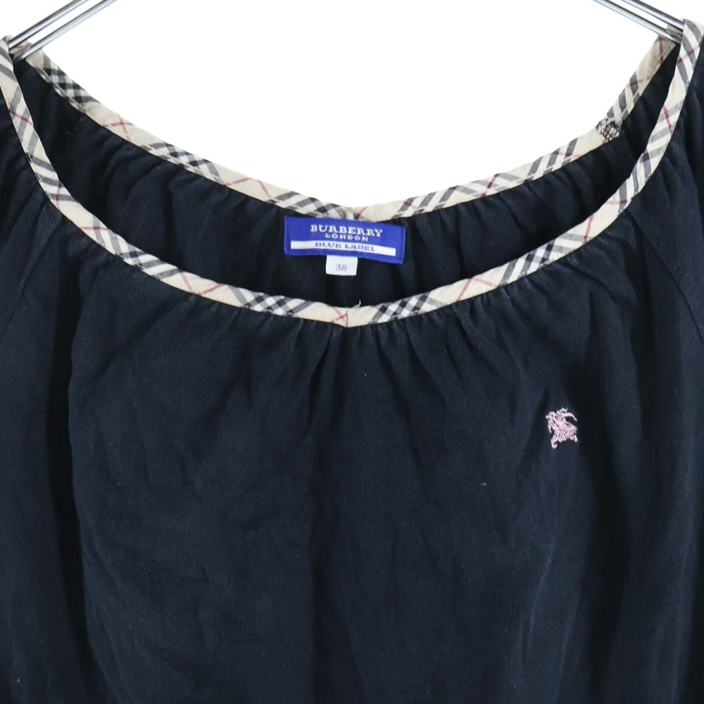 BURBERRY BLUE LABEL(バーバリーブルーレーベル) ノバチェック柄切り替え ワンポイントロゴ刺繍 ノースリーブ カットソー トップス ブラック レディース