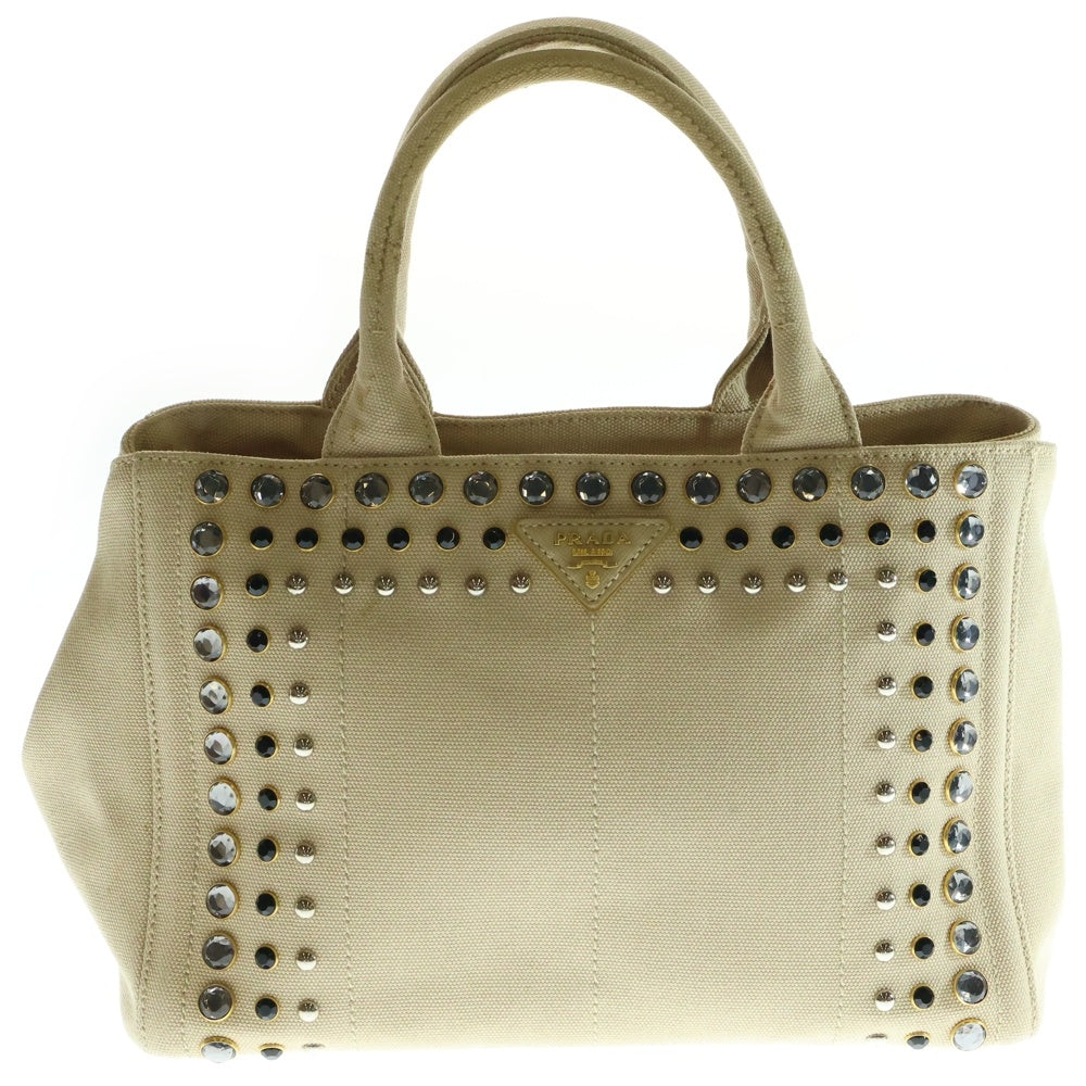 PRADA(プラダ) ビジューカナパ 2wayハンドバッグ ショルダーバッグ ゴールド金具 アイボリー キャンバス B2439O