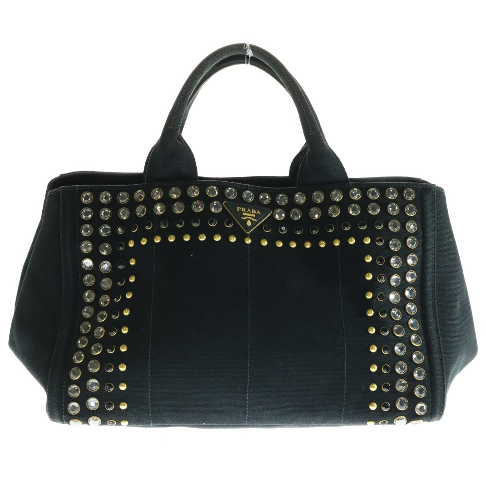 PRADA(プラダ) ビジューカナパ 2wayハンドバッグ ショルダーバッグ ブラック スタッズ ゴールド金具 キャンバス B2642O