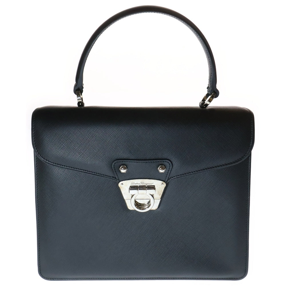Salvatore Ferragamo(サルヴァトーレ フェラガモ) ガンチーニ レザー 2WAY ハンド ショルダーバッグ シルバー金具 ブラック