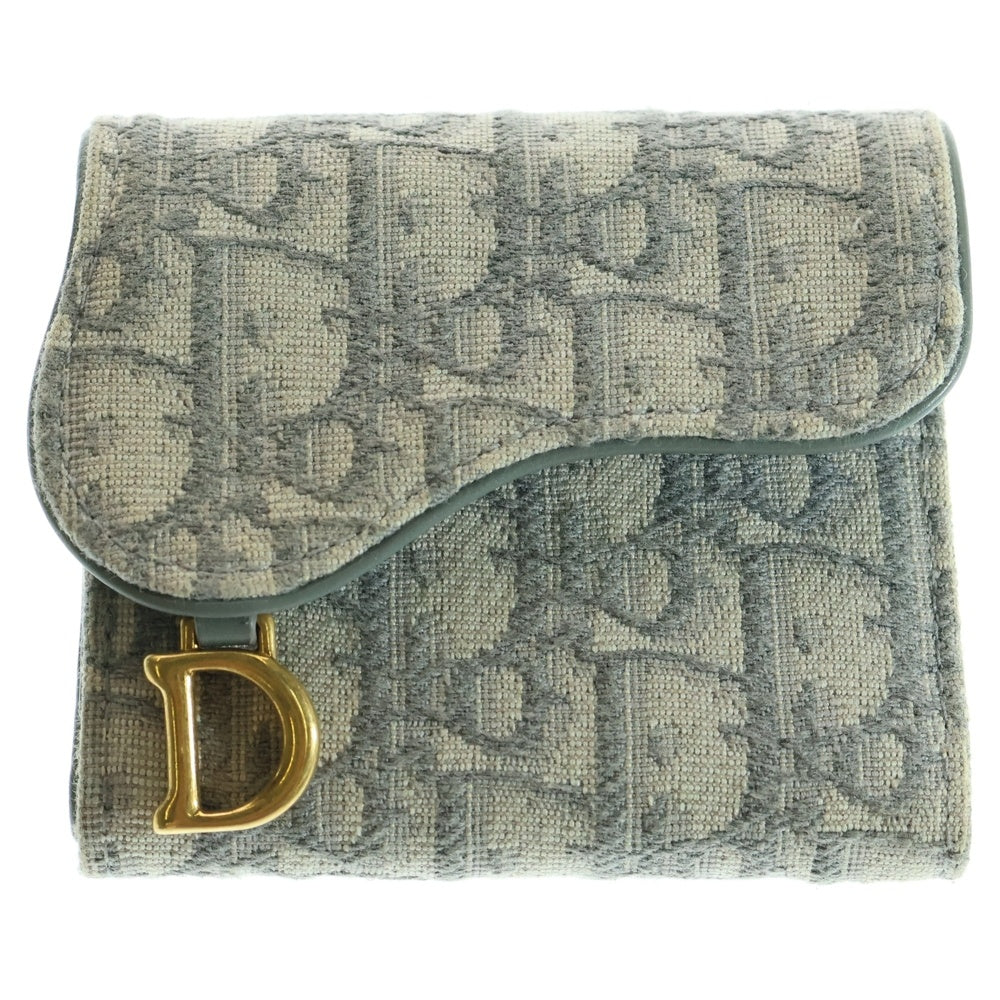 DIOR(ディオール) オブリーク サドル ロータスウォレット キャンバス レザー コンパクトウォレット 三つ折り財布 ゴールド金具 グレー