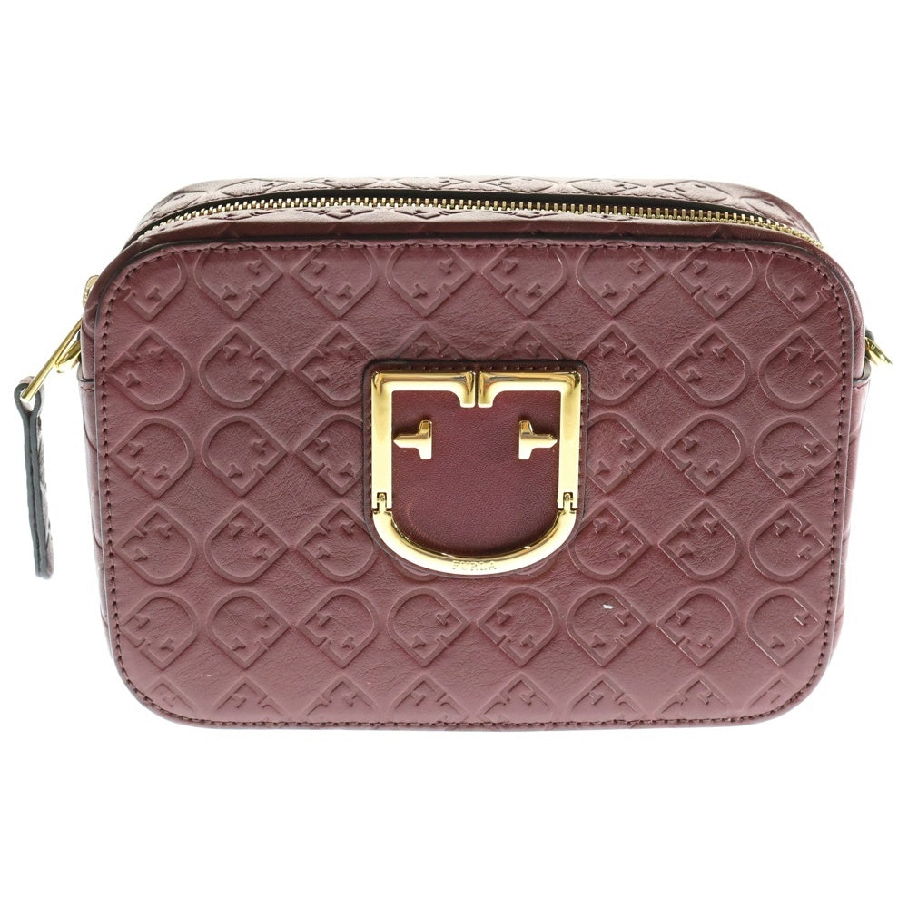 FURLA(フルラ) BRAVA ブラヴァ Fロゴプレート モノグラムエンボスレザー チェーンショルダーバッグ ゴールド金具 ボルドー