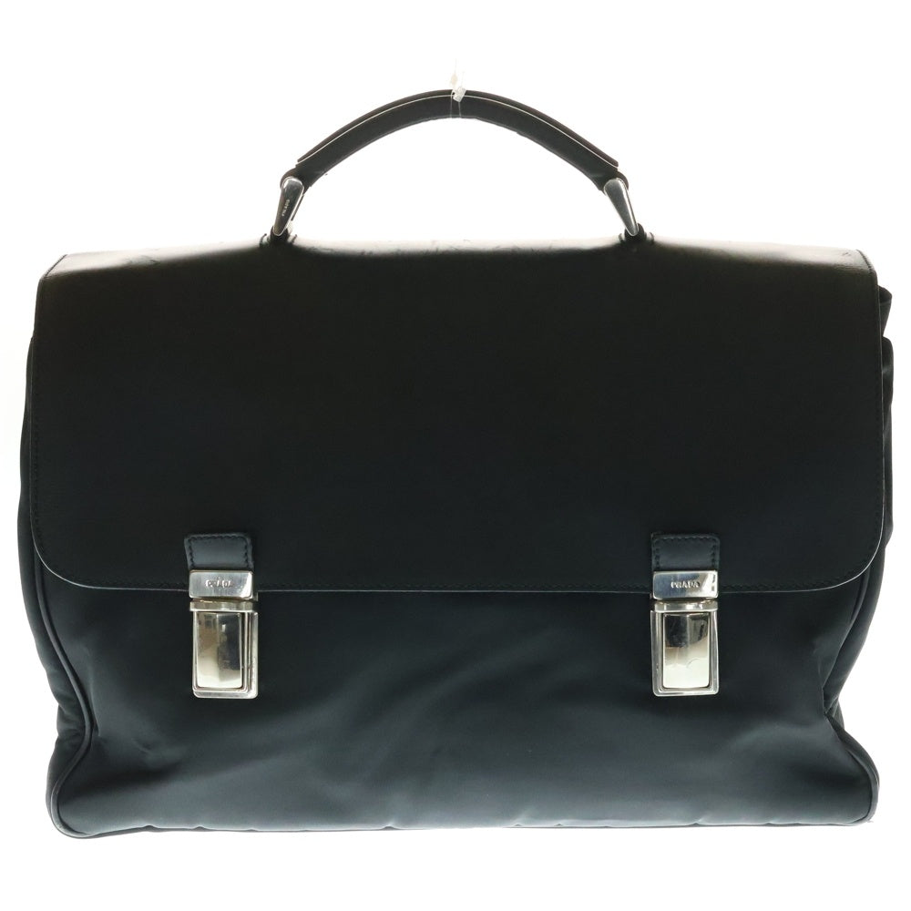 PRADA(プラダ) テスートナイロン レザーフラップ ブリーフケース ハンド ビジネスバッグ シルバー金具 ブラック