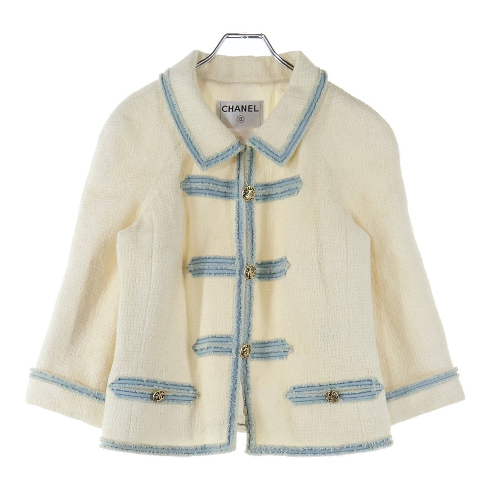 CHANEL(シャネル) 07P スプリングコレクション ココマーク溶岩ボタン カットオフデニム切り替え ツイード ナポレオンジャケット ホワイト/インディゴ レディース P30528W03863