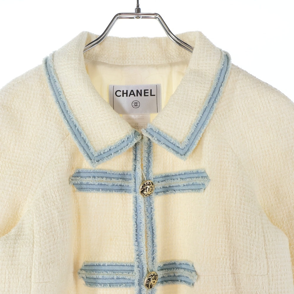 CHANEL(シャネル) 07P スプリングコレクション ココマーク溶岩ボタン カットオフデニム切り替え ツイード ナポレオンジャケット ホワイト/インディゴ レディース P30528W03863