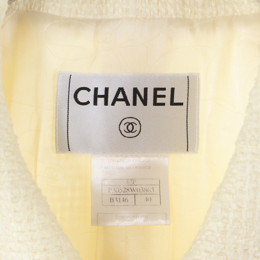 CHANEL(シャネル) 07P スプリングコレクション ココマーク溶岩ボタン カットオフデニム切り替え ツイード ナポレオンジャケット ホワイト/インディゴ レディース P30528W03863