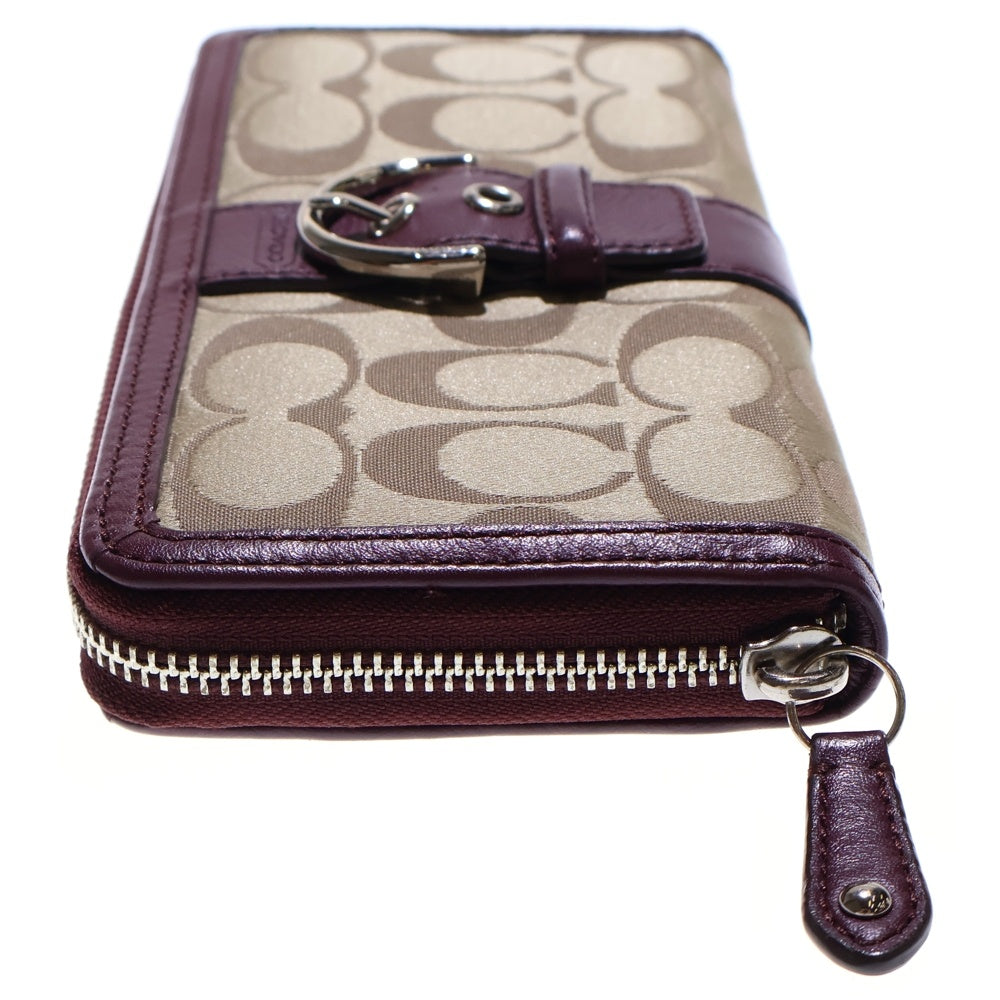 COACH(コーチ) シグネチャー ラウンドファスナー 長財布 ロングウォレット カードケース ワインレッド×ベージュ シルバー金具 キャンバス×レザー レディース