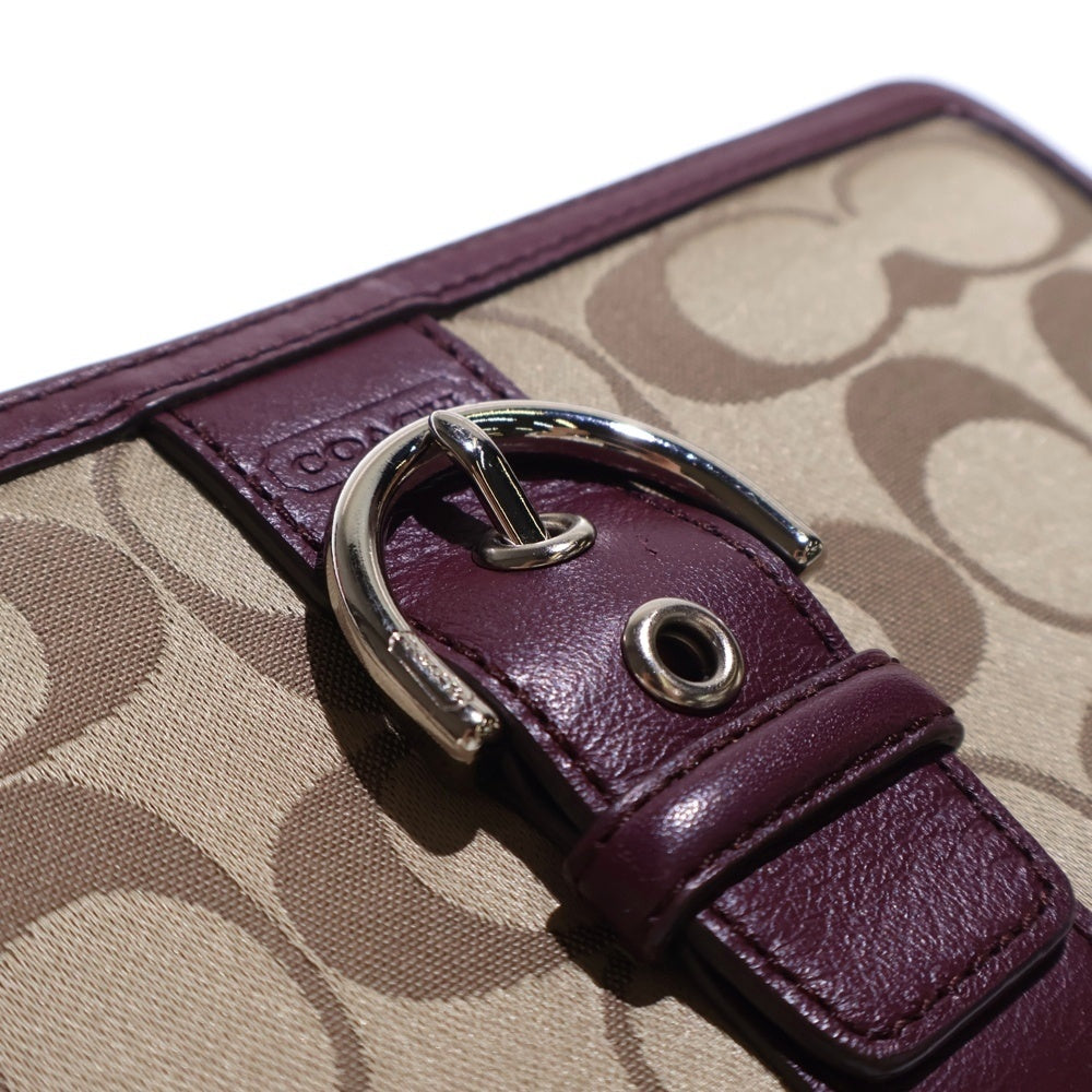 COACH(コーチ) シグネチャー ラウンドファスナー 長財布 ロングウォレット カードケース ワインレッド×ベージュ シルバー金具 キャンバス×レザー レディース