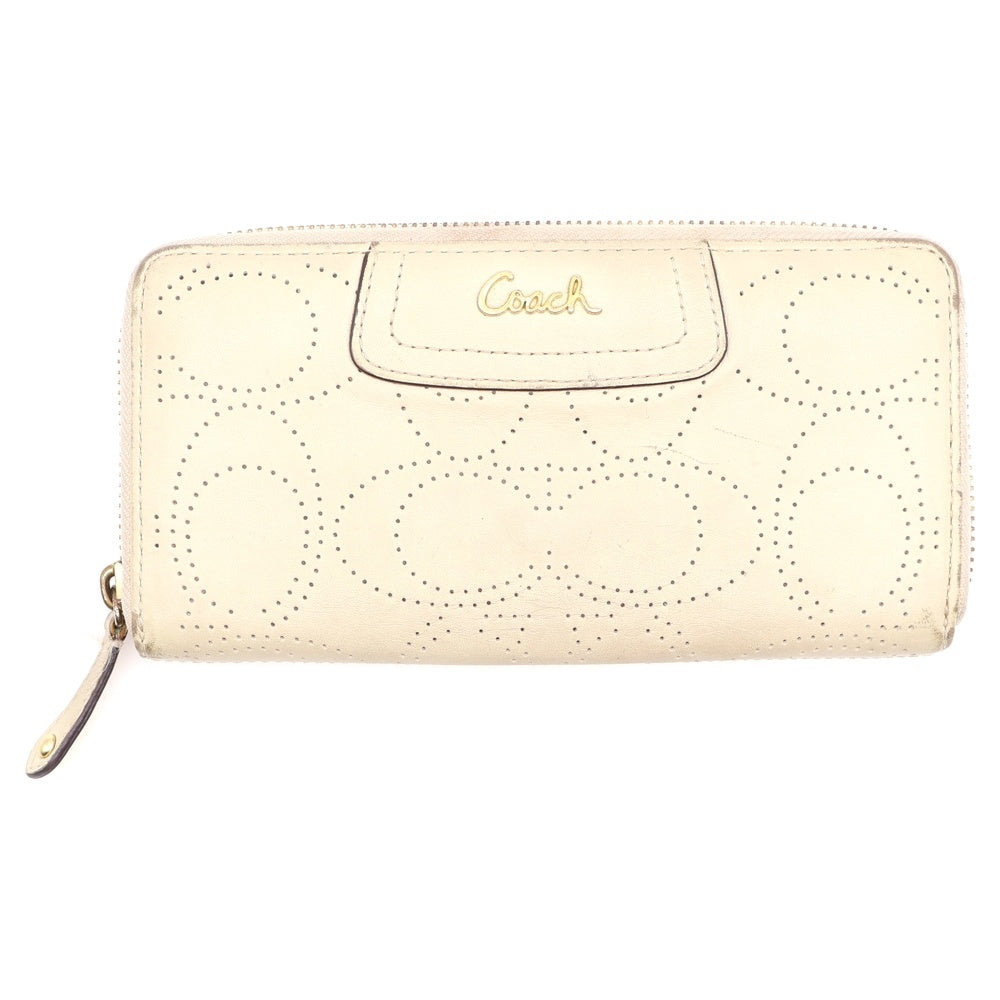 COACH(コーチ) シグネチャー パンチング ラウンドファスナー 長財布 ロングウォレット カードケース アイボリー レザー