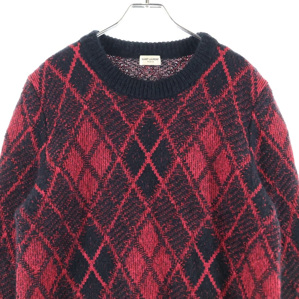 SAINT LAURENT PARIS(サンローランパリ) 19AW アーガイルチェック総柄 モヘヤ ラメ クルーネック 長袖 プルオーバー ニット セーター ブラック/レッド 586911