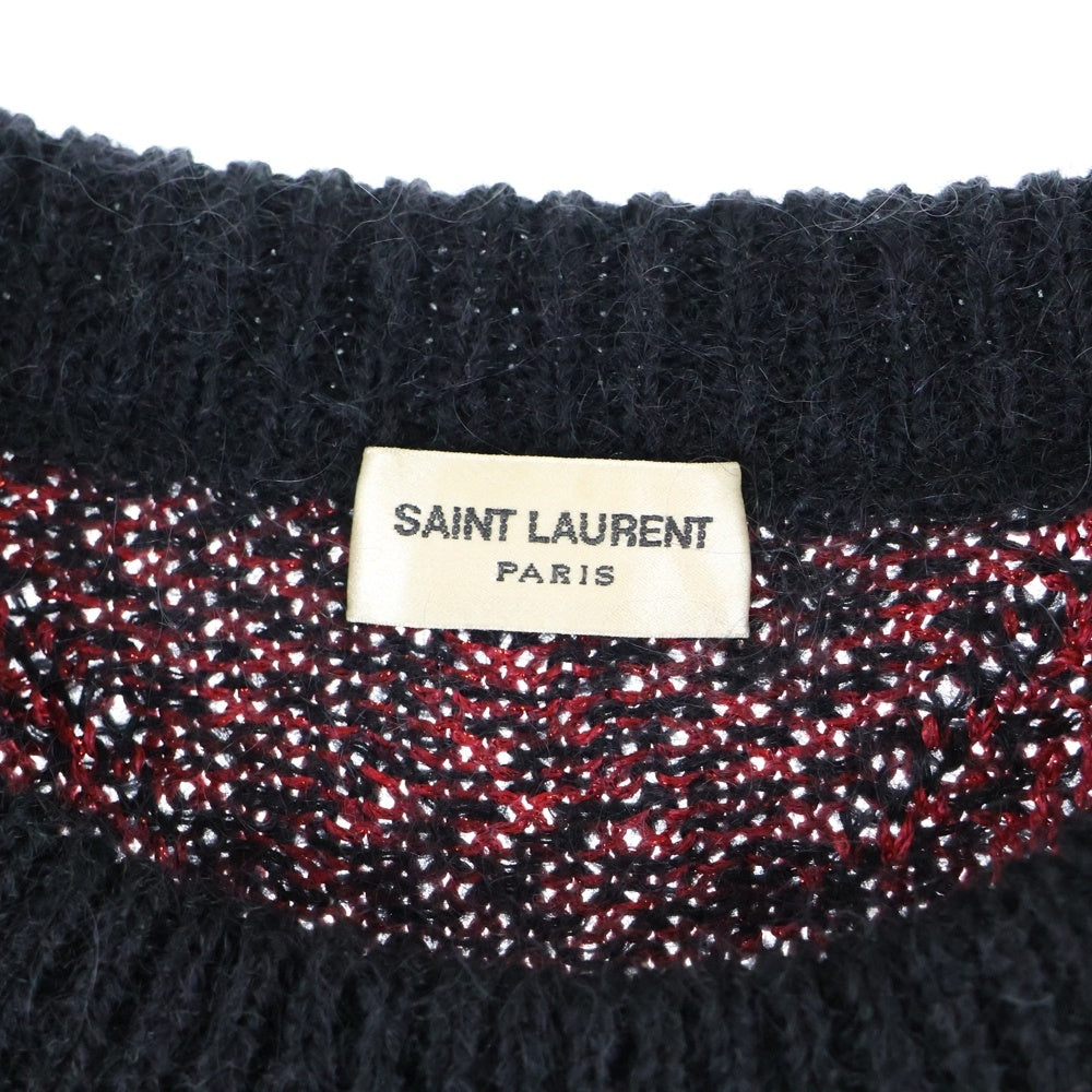 SAINT LAURENT PARIS(サンローランパリ) 19AW アーガイルチェック総柄 モヘヤ ラメ クルーネック 長袖 プルオーバー ニット セーター ブラック/レッド 586911