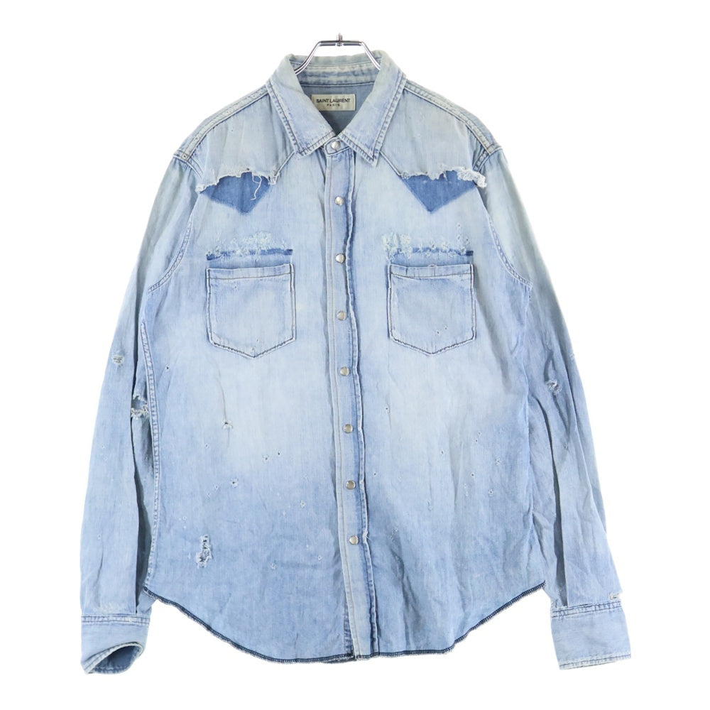 SAINT LAURENT PARIS(サンローランパリ) 19AW ダメージ加工 ウエスタン スナップボタン デニムシャツ インディゴ レディース 601702