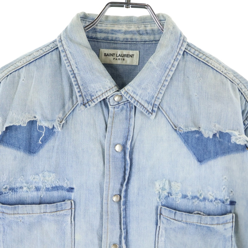 SAINT LAURENT PARIS(サンローランパリ) 19AW ダメージ加工 ウエスタン スナップボタン デニムシャツ インディゴ レディース 601702