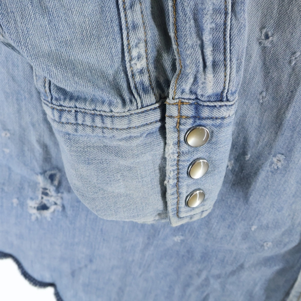 SAINT LAURENT PARIS(サンローランパリ) 19AW ダメージ加工 ウエスタン スナップボタン デニムシャツ インディゴ レディース 601702