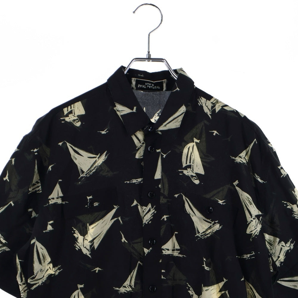SAINT LAURENT PARIS(サンローランパリ) 18SS ヨット総柄 シルク フェイクポケット レギュラーカラ 半袖シャツ ブラック 552829