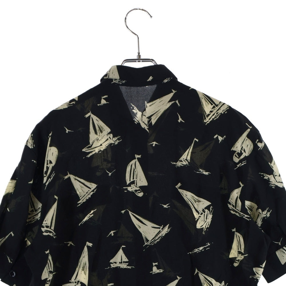 SAINT LAURENT PARIS(サンローランパリ) 18SS ヨット総柄 シルク フェイクポケット レギュラーカラ 半袖シャツ ブラック 552829