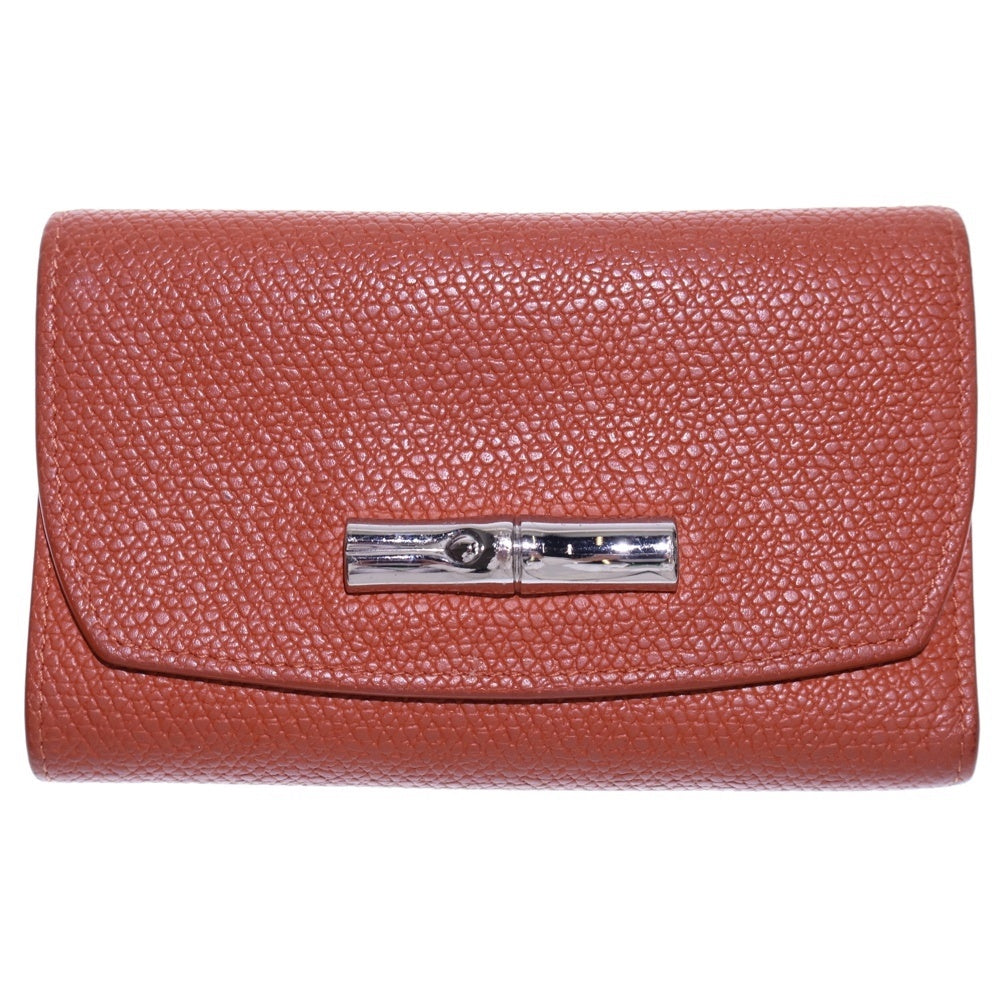 LONGCHAMP(ロンシャン) 三つ折り財布 コンパクトウォレット オレンジ レザー シルバー金具 レディース