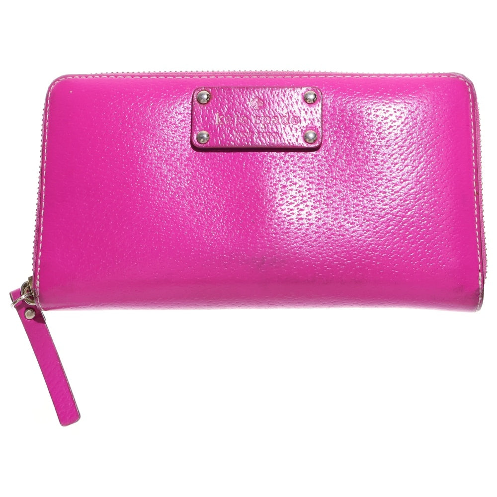 Kate Spade(ケイトスペード) ホワイトステッチ ラウンドファスナー長財布 ロングウォレット カードケース ピンクパープル ゴールド金具 レザー レディース