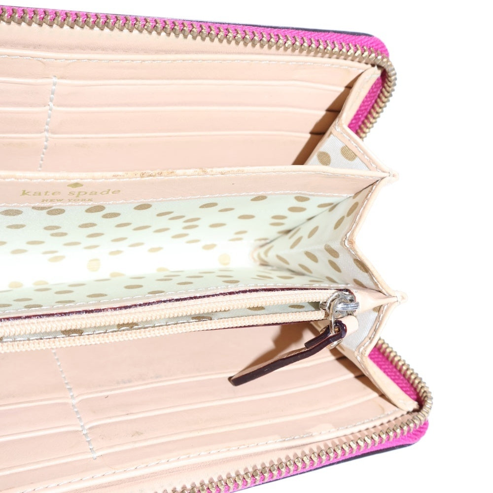 Kate Spade(ケイトスペード) ホワイトステッチ ラウンドファスナー長財布 ロングウォレット カードケース ピンクパープル ゴールド金具 レザー レディース
