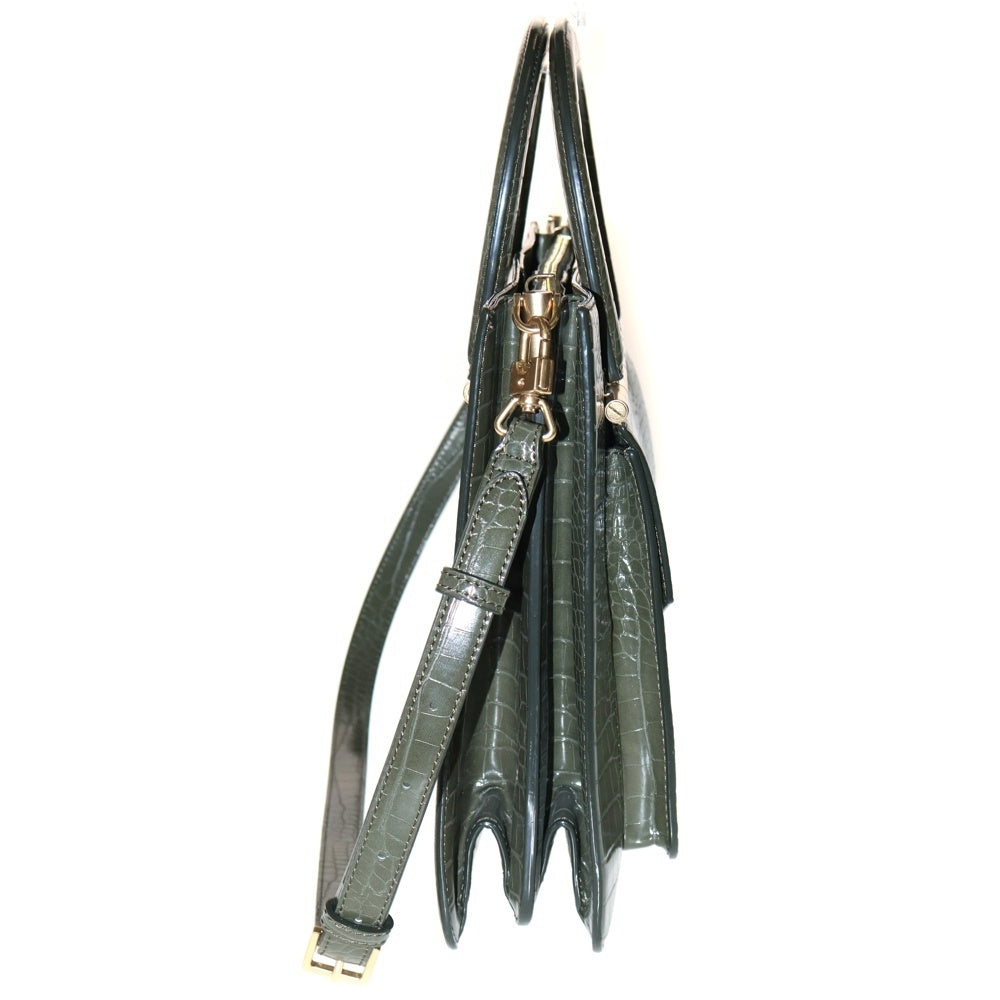 CHARLES&KEITH(チャールズ&キース) トートバッグ ハンドバッグ 型押しクロコ レザー カーキ グリーン ゴールド金具