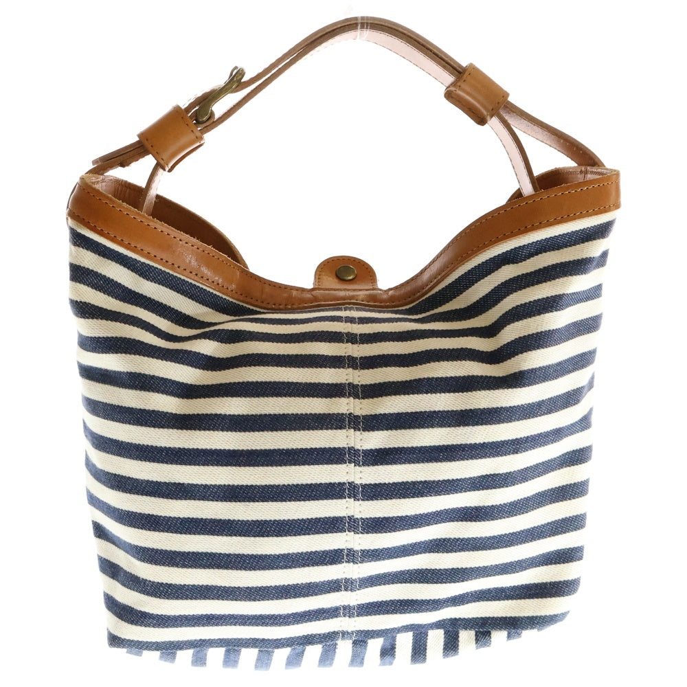 cachellie(カシェリエ) ボーダー トートバッグ ハンドバッグ ホワイト×ネイビー×ブラウン レザー×キャンバス