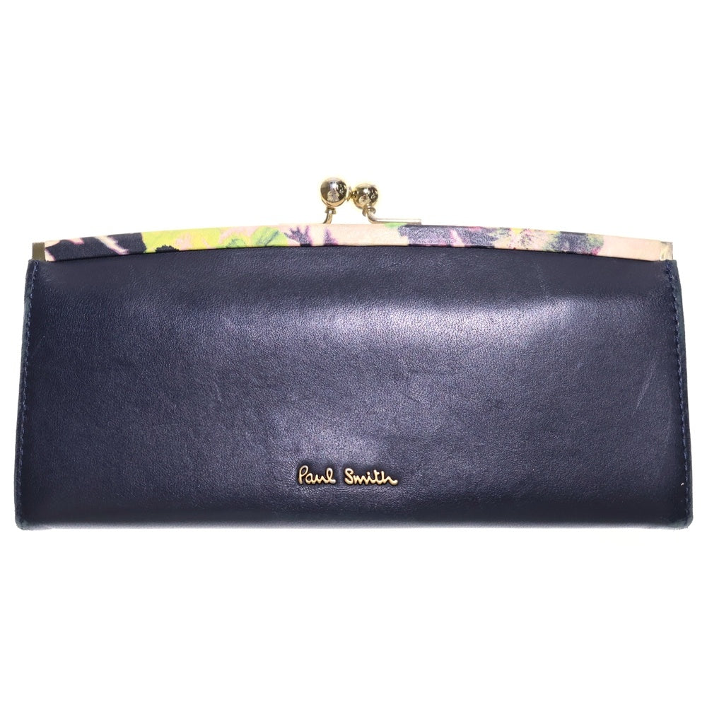 Paul Smith(ポールスミス) がま口長財布 ロングウォレット ゴールド金具 ネイビー レザー レディース