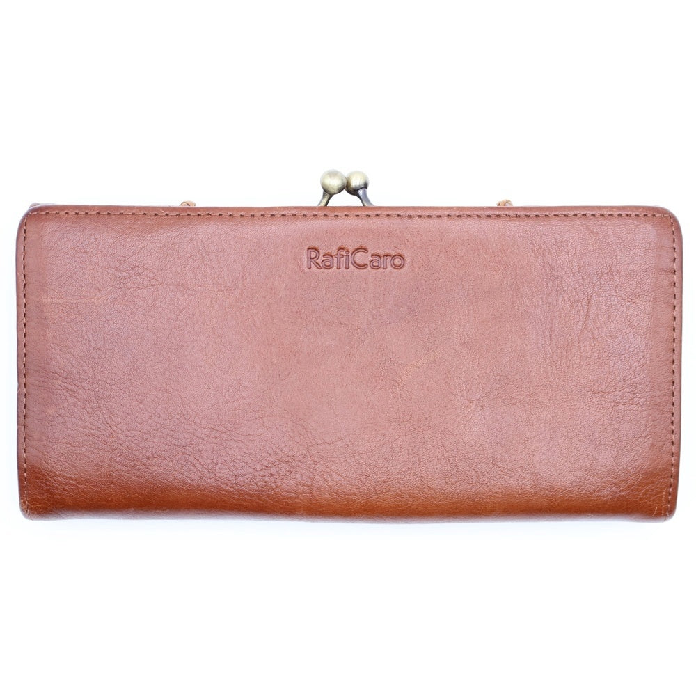 NO BRAND(ノーブランド) ラフィカロ ロングウォレット 長財布 がま口財布 カードケース ブラウン レザー ゴールド金具